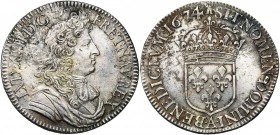 FRANCE, Royaume, Louis XIV (1643-1715), AR demi-écu à la cravate, 1674A, Paris. 1e émission. D/ B. dr. et cuir. à d., portant une perruque et une crav...