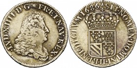 FRANCE, Royaume, Louis XIV (1643-1715), AR quart d'écu de Flandre, 1686LL, Lille. D/ B. dr. à d., coiffé d'une longue perruque. R/ Ecu couronné, écart...