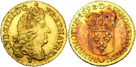 FRANCE, Royaume, Louis XIV (1643-1715), AV louis d'or à l'écu, 1692D, Lyon. Flan neuf. D/ T. vieillie à d., coiffée d'une perruque laurée. R/ Ecu de F...