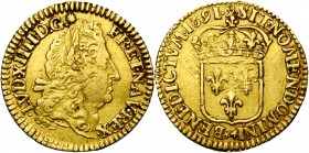 FRANCE, Royaume, Louis XIV (1643-1715), AV demi-louis d'or à l'écu, 16919, Rennes. 1e réformation. D/ T. vieillie à d., coiffée d'une perruque laurée....