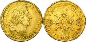 FRANCE, Royaume, Louis XIV (1643-1715), AV louis d'or aux quatre L, 1699A, Paris. D/ T. âgée à d., coiffée d'une grande perruque laurée. R/ Croix form...