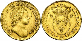 FRANCE, Royaume, Louis XV (1715-1774), AV louis d'or aux insignes, 1716A, Paris. Flan neuf. D/ B. enfantin à d., dr. et cuir. R/ Ecu de France rond, c...