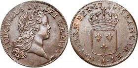 FRANCE, Royaume, Louis XV (1715-1774), Cu sol au buste enfantin, 1719A, Paris. D/ T. nue à d. R/ Ecu de France couronné. Dupl. 1692; Gad. 276. 11,35g ...