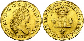 FRANCE, Royaume, Louis XV (1715-1774), AV louis d'or aux 2 L, 1721BB, Strasbourg. Flan neuf. D/ B. nu, lauré à d. R/ Deux L adossés sous une couronne,...
