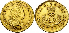 FRANCE, Royaume, Louis XV (1715-1774), AV louis d'or mirliton, 1723L, Bayonne. Aux palmes courtes. D/ T. laurée à d. R/ Deux L entrelacés sous une cou...