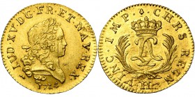 FRANCE, Royaume, Louis XV (1715-1774), AV louis d'or mirliton, 1724H, La Rochelle. Aux palmes longues. D/ T. laurée à d. R/ Deux L entrelacés sous une...