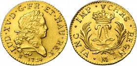 FRANCE, Royaume, Louis XV (1715-1774), AV louis d'or mirliton, 1724M, Toulouse. Aux palmes longues. D/ T. laurée à d. R/ Deux L entrelacés sous une co...