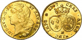 FRANCE, Royaume, Louis XV (1715-1774), AV double louis d'or au bandeau, 1747BB, Strasbourg. D/ T. à g., ceinte d'un bandeau. R/ Ecus ovales de France ...