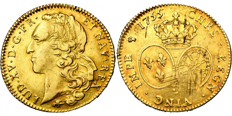 FRANCE, Royaume, Louis XV (1715-1774), AV double louis d'or au bandeau, 1755L, B...