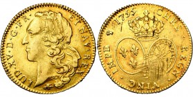 FRANCE, Royaume, Louis XV (1715-1774), AV double louis d'or au bandeau, 1755L, Bayonne. D/ T. à g., ceinte d'un bandeau. R/ Ecus ovales de France et d...