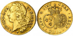 FRANCE, Royaume, Louis XV (1715-1774), AV double louis d'or au bandeau, 1758BB, Strasbourg. D/ T. à g., ceinte d'un bandeau. R/ Ecus ovales de France ...