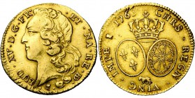 FRANCE, Royaume, Louis XV (1715-1774), AV double louis d'or du Béarn au bandeau, 1764, Pau. D/ T. à g., ceinte d'un bandeau. R/ Ecus ovales de France ...