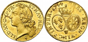 FRANCE, Royaume, Louis XV (1715-1774), AV louis d'or au bandeau, 1744W, Lille. D/ T. à g., ceinte d'un bandeau. R/ Ecus ovales de France et de Navarre...
