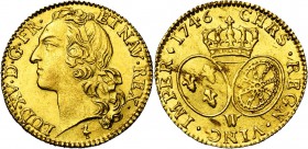 FRANCE, Royaume, Louis XV (1715-1774), AV louis d'or au bandeau, 1746W, Lille. D/ T. à g., ceinte d'un bandeau. R/ Ecus ovales de France et de Navarre...