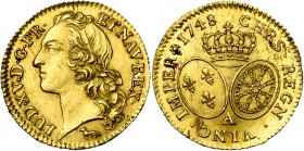 FRANCE, Royaume, Louis XV (1715-1774), AV louis d'or au bandeau, 1748A, Paris. D/ T. à g., ceinte d'un bandeau. R/ Ecus ovales de France et de Navarre...