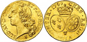 FRANCE, Royaume, Louis XV (1715-1774), AV louis d'or au bandeau, 1749W, Lille. D/ T. à g., ceinte d'un bandeau. R/ Ecus ovales de France et de Navarre...