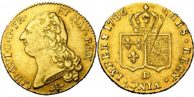 FRANCE, Royaume, Louis XVI (1774-1793), AV double louis d'or à la tête nue, 1786D, Lyon. D/ T. nue à g., les cheveux longs. R/ Ecus accolés de France ...