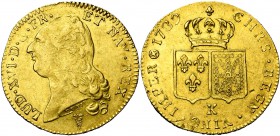 FRANCE, Royaume, Louis XVI (1774-1793), AV double louis d'or à la tête nue, 1789K, Bordeaux. D/ T. nue à g., les cheveux longs. R/ Ecus accolés de Fra...