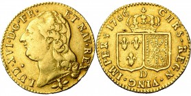 FRANCE, Royaume, Louis XVI (1774-1793), AV louis d'or à la tête nue, 1786D, Lyon. D/ T. nue à g., les cheveux longs. R/ Ecus accolés de France et de N...