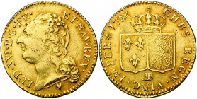 FRANCE, Royaume, Louis XVI (1774-1793), AV louis d'or infamant "à la corne", 1786BB, Strasbourg. 1er semestre. D/ T. nue à g., les cheveux longs, une ...