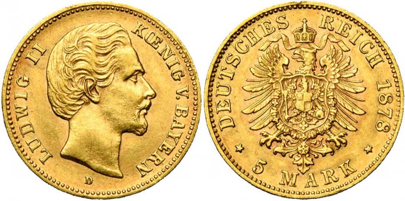 ALLEMAGNE, BAVIERE, Ludwig II (1864-1886), AV 5 Mark, 1878D. J. 195; A.K.S. 193;...