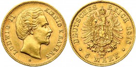 ALLEMAGNE, BAVIERE, Ludwig II (1864-1886), AV 5 Mark, 1878D. J. 195; A.K.S. 193; Fr. 3767. Rare.
Très Beau à Superbe