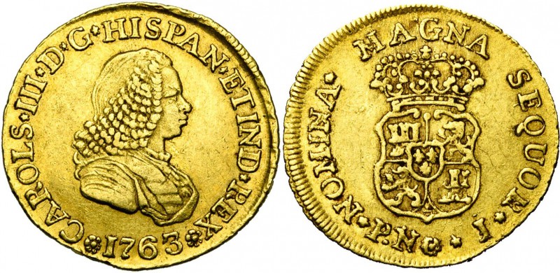 COLOMBIE, Charles III (1759-1788), AV 2 escudos, 1763J, Popayan. D/ B. dr. et cu...