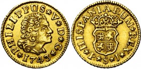ESPAGNE, Philippe V (1700-1746), AV 1/2 escudo, 1743PJ, Séville. D/ B. cuir. à d. R/ Ecu couronné. C.C.T. 512; Cal. 584; Fr. 240.
Très Beau à Superbe...