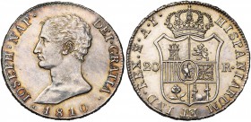 ESPAGNE, Joseph Napoléon (1808-1813), AR 20 reales, 1810AI, Madrid. C.C.T. 24; Cal. 25. Fines griffes au droit.
Superbe