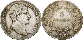 FRANCE, Consulat (1799-1804), AR 5 francs, an XIA, Paris. Bonaparte Premier Consul. Gad. 577.
Beau à Très Beau