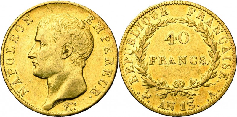 FRANCE, Napoléon Ier (1804-1814), AV 40 francs, an 13A, Paris. Gad. 1081.
Très ...