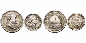 FRANCE, Napoléon Ier (1804-1814), AR lot de 2 p.: 1 franc, 1808W, Lille; demi-franc, 1808I, Limoges. Gad. 446, 398.
Très Beau