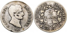 FRANCE, Napoléon Ier (1804-1814), AR 2 francs, an 14L, Bayonne. Seulement 1210 p. frappées. Gad. 495. Extrêmement rare.
Beau