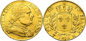 FRANCE, Louis XVIII en exil (1815), AV 20 francs, 1815R, Londres. Gad. 1027.
Très Beau à Superbe