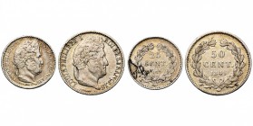 FRANCE, Louis-Philippe (1830-1848), AR lot de 2 p.: 50 centimes 1845W et 25 centimes 1846W, Lille (tache). Gad. 357, 410.
presque Très Beau