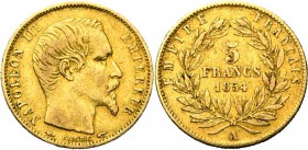 FRANCE, Napoléon III (1852-1870), AV 5 francs, 1854A, Paris. Petit module. Tranche cannelée. Gad. 1000; Fr. 578.
presque Très Beau