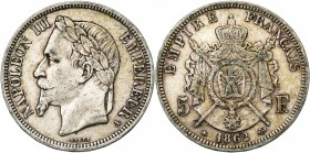 FRANCE, Napoléon III (1852-1870), AR 5 francs, 1862A, Paris. Gad. 739. Rare Taches de vert-de-gris au revers.
Beau à Très Beau