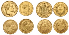 FRANCE, Napoléon III (1852-1870), lot de 4 p.: 20 francs 1868A; 10 francs 1857A, 1859A, 1868BB.
Beau à Très Beau