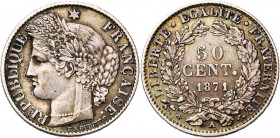 FRANCE, Gouvernement de Défense Nationale (1870-1871), AR 50 centimes, 1871A, Paris. Gad. 419. Revers désaxé à 4h.
presque Superbe
