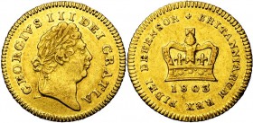 GRANDE-BRETAGNE, Georges III (1760-1820), AV tiers de guinée, 1803. D/ T. l. à d. R/ Couronne au-dessus de la date. S. 3739. 2,78g.
Très Beau