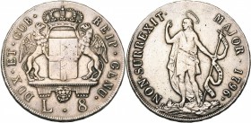 ITALIE, GENES, Dogi biennali (1528-1797), AR 8 lire, 1796. D/ Ecu couronné, tenu par deux griffons. R/ Saint Jean-Baptiste deb. à g., ten. une longue ...