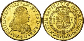 MEXIQUE, Philippe V (1700-1746), AV 8 escudos, 1740MF (sur 1730), Mexico. D/ B. cuir. à d. R/ Ecu couronné, entouré du collier de la Toison d'or. C.C....