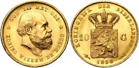 NEDERLAND, Koninkrijk, Willem III (1849-1890), AV 10 gulden, 1888. Sch. 557; Fr. 342. Tikjes aan de rand.
Prachtig à Fleur de Coin