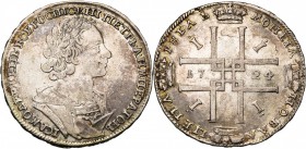 RUSSIE, Pierre le Grand (1689-1725), AR rouble, 1724, Moscou. D/ B. l., dr. et cuir. à d. R/ Date dans une croix formée de quatre Π entrelacés et cour...