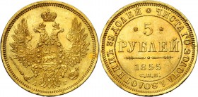 RUSSIE, Alexandre II (1855-1881), AV 5 roubles, 1855AΓ, Saint-Pétersbourg. Bitkin 1; Fr. 163. Traces de soudure au revers.
Très Beau