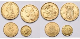 lot de 4 p. en or: Grande-Bretagne, souverain 1892; Pays-Bas, 10 gulden 1897, 5 gulden 1912; Etats-Unis, 1 dollar 1853 (copie).
Très Beau