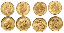 lot de 4 p. en or: Belgique, 20 francs 1875; Grande-Bretagne, souverain 1912; Hongrie, 8 forint/20 francs 1892; Pays-Bas, 10 gulden 1876.
Très Beau