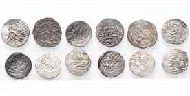 GOLDEN HORDE (JUJID), lot of 6 silver dirhams: 'Aziz Shaykh, Gulistan, Yangishahr al-Mahrusa (3); Toqtamish, no mint, kalima on reverse (2). Album 204...