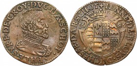 PAYS-BAS MERIDIONAUX, Cu jeton, 1585. Philippe de Croy et Jeanne de Blois, duc et duchesse d'Aarschot. D/ B. cuir. de Philippe de Croy à d. R/ Ecu cou...