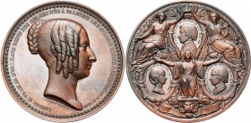 BELGIQUE, AE médaille, 1850, L. Wiener. Décès de la reine Louise-Marie d'Orléans à Ostende. D/ T. de la reine à d. R/ Dans des médaillons, les bustes ...